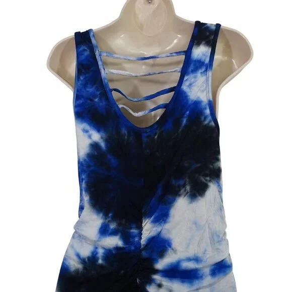 Cato Blue Tie Dye Maxi Tank Dress Women Size MP Slits Strappy Neckline Ruched - Picture 6 of 12